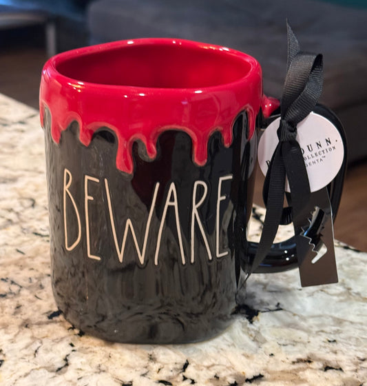 New Rae Dunn ceramic Halloween red drip coffee mug BEWARE