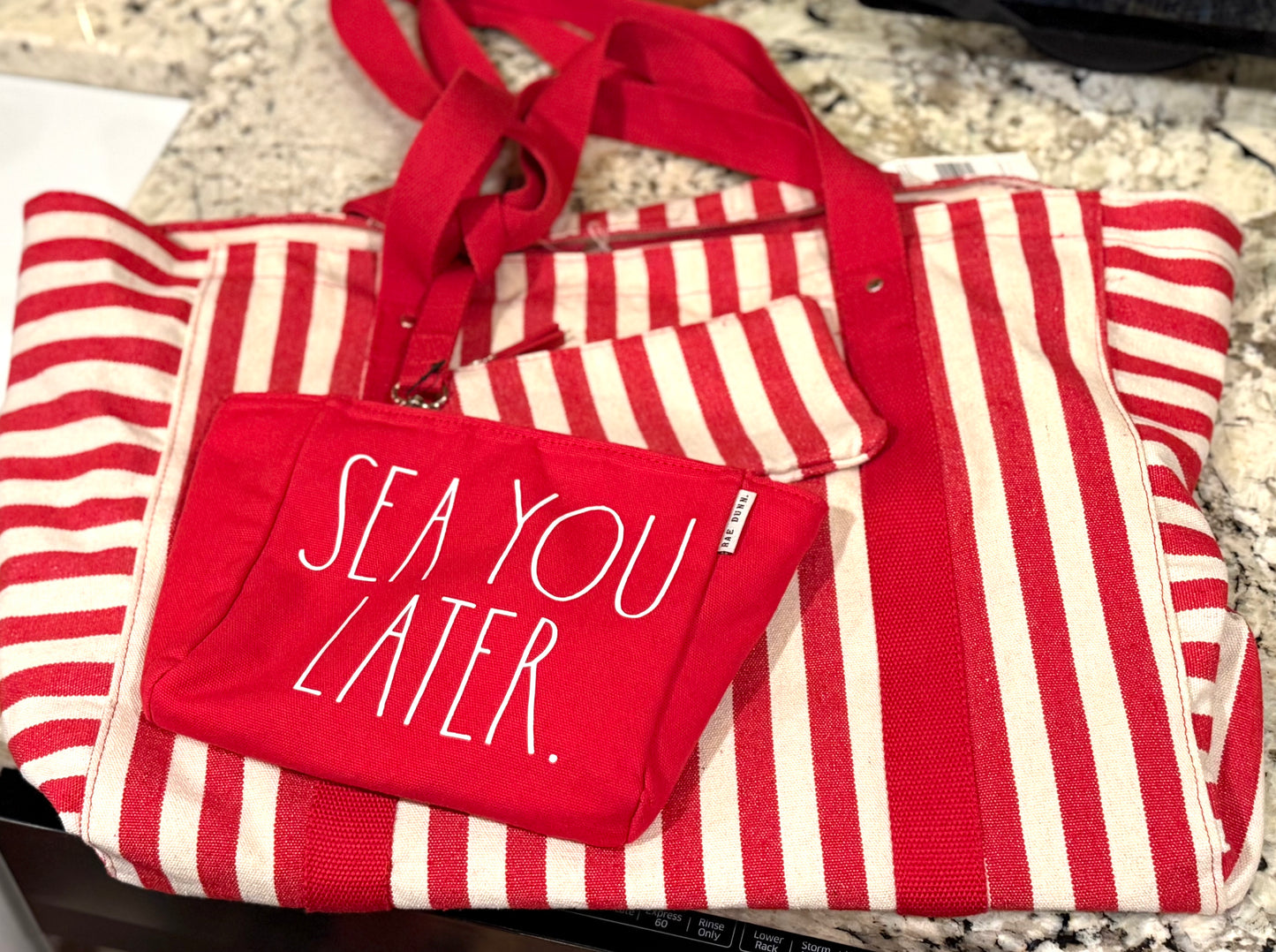 New Rae Dunn large 18x14 red striped beach tote set. 2-zip closure wristlets included SEA YOU LATER