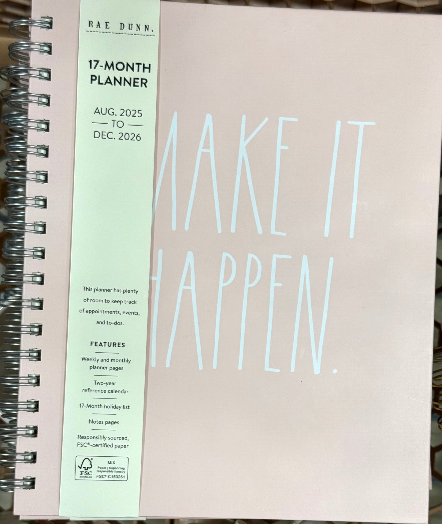 New Rae Dunn 2025/2026 Planner pink MAKE IT HAPPEN white writing, spiral hardback