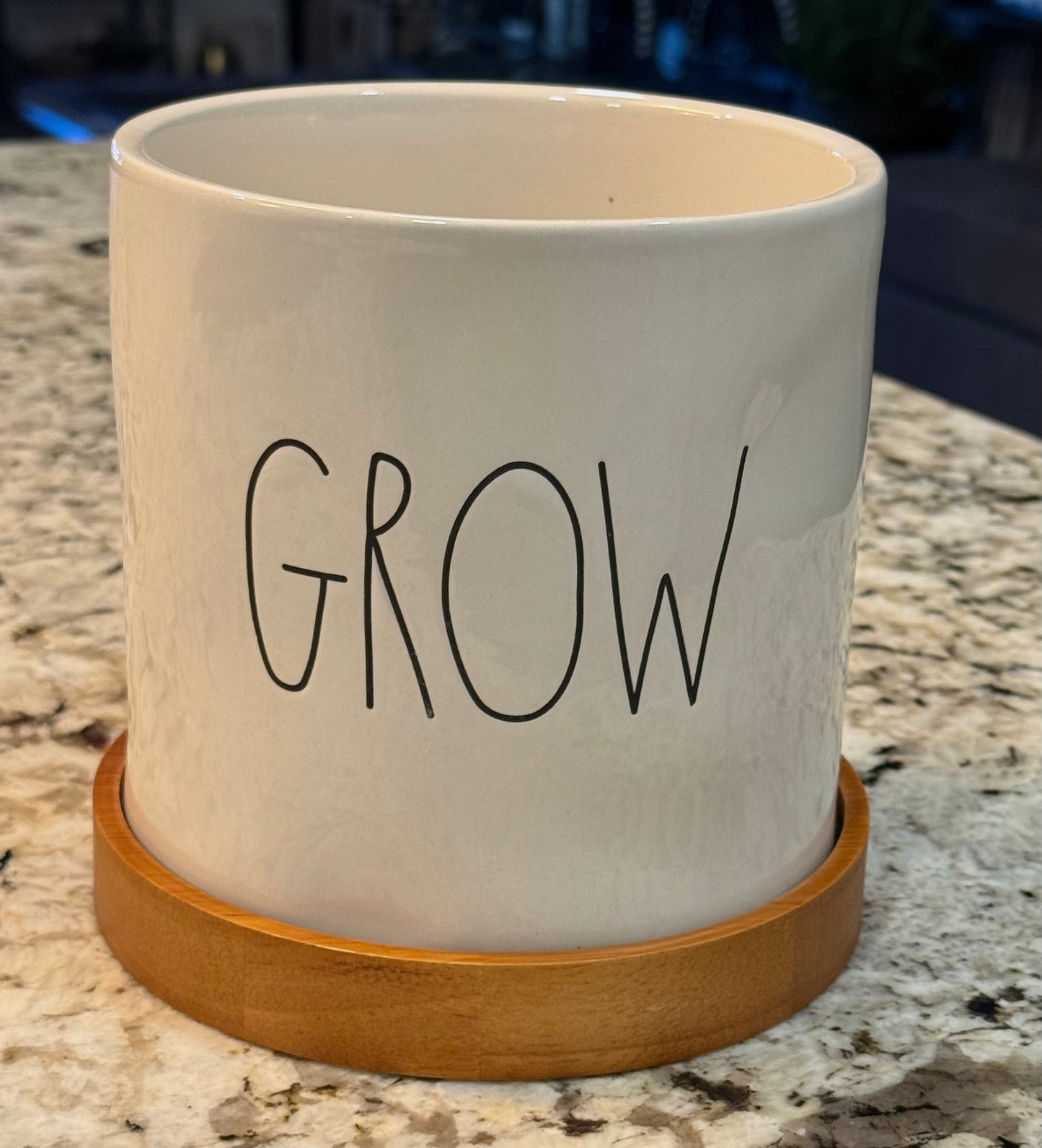 Rae Dunn ceramic garden planter decor GROW wood base 6.5x6.5