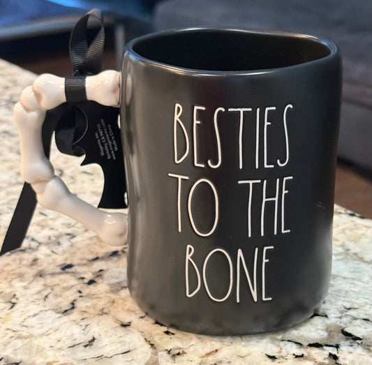 New Rae Dunn ceramic Halloween coffee mug BESTIES TO THE BONE