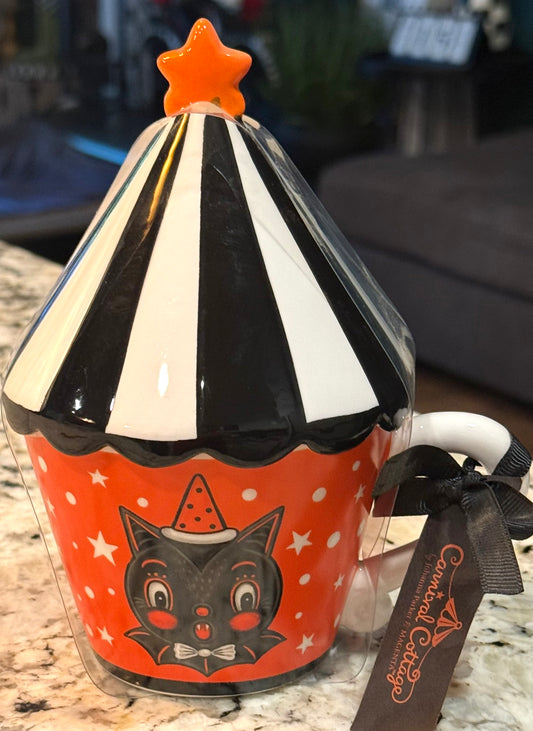 New Carnival Cottage Joanna Parker ceramic cat circus top mug
