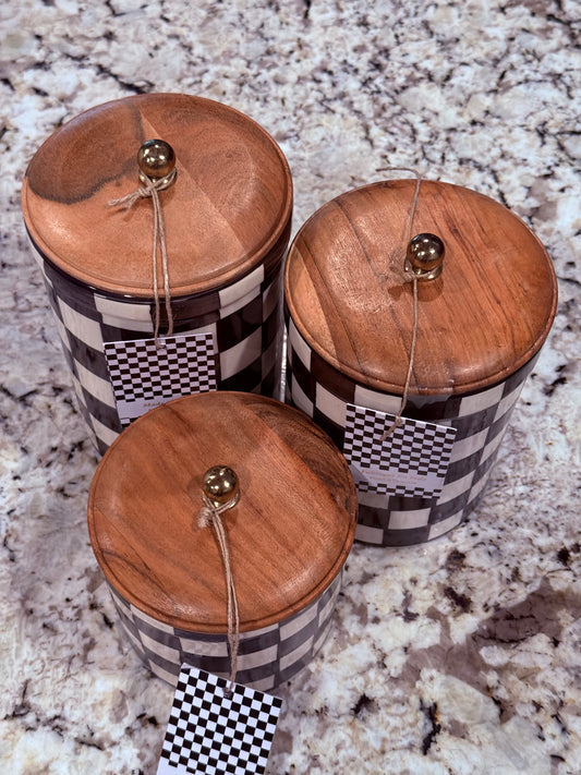 New Made in India ceramic wood top black and off white checkered canister set 8.25, 7.25, 5.25”
