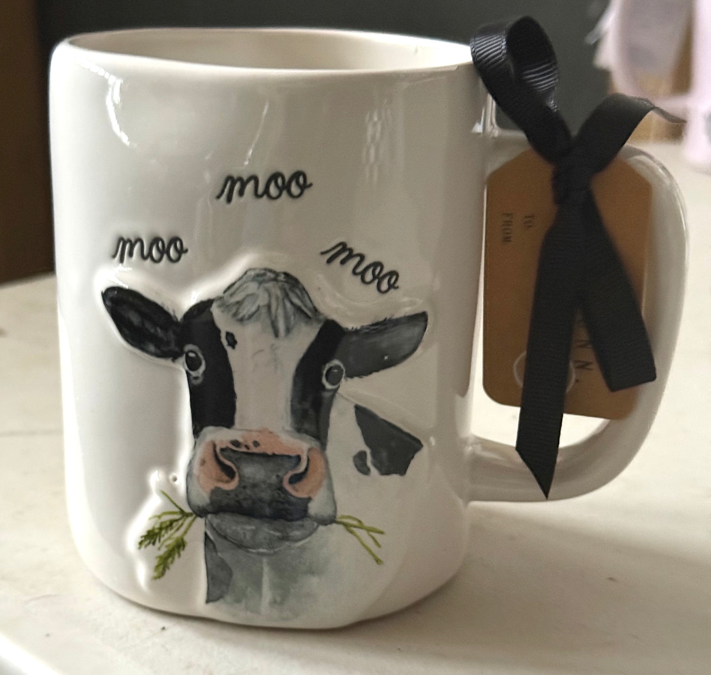 New Rae Dunn white ceramic Farm line cow MOO MOO MOO Coffee mug
