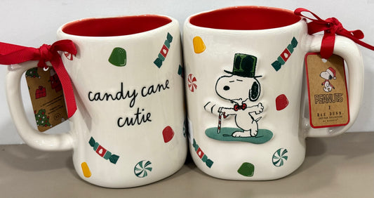 New Rae Dunn x Peanuts Snoopy ceramic Christmas mug CANDY CANE CUTIE