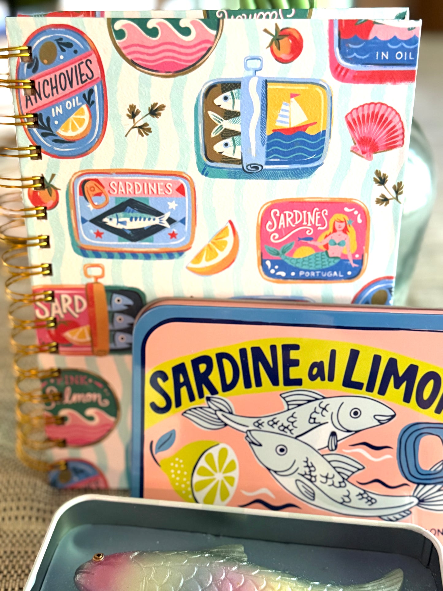 New Sardines printed spiral notebook & candle gift set (pink)