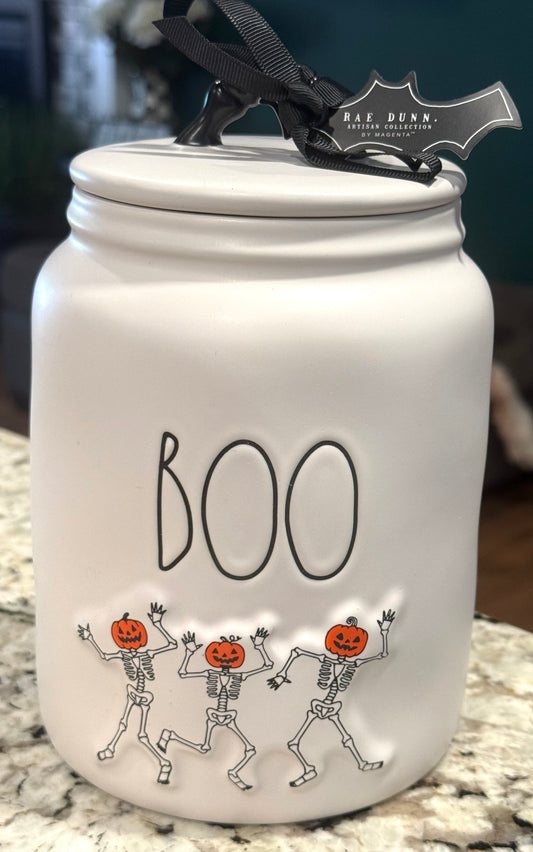 New Rae Dunn white ceramic 2025 Halloween canister 8” BOO dancing skeletons