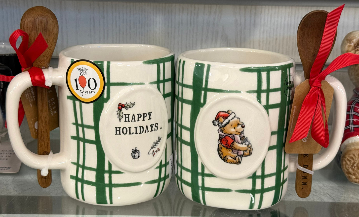 New Rae Dunn x Winnie the Pooh green plaid ceramic Christmas coffee mug with spoon HAPPY HOLIDAYS