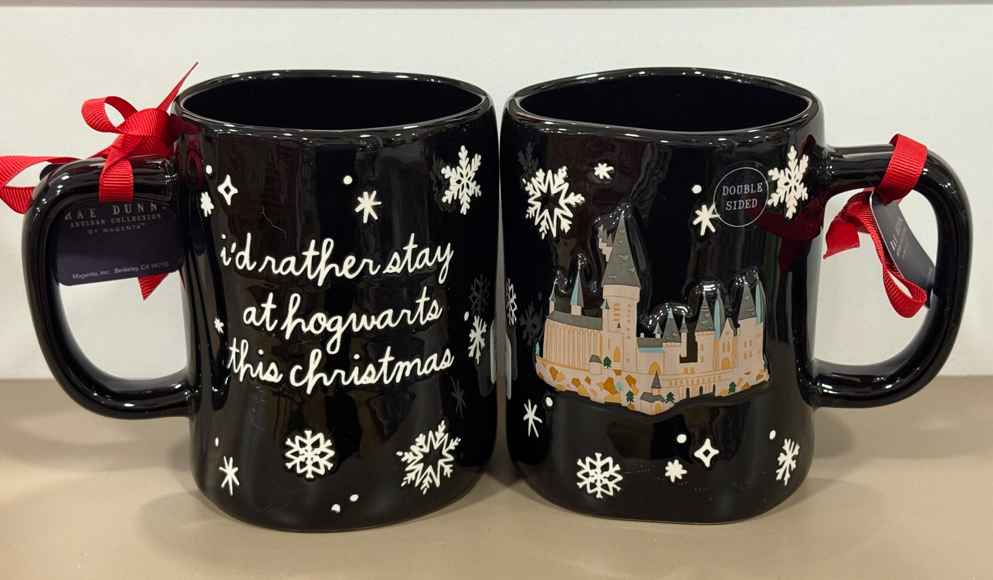 New Rae Dunn x Harry Potter black ceramic Christmas coffee mug I’D RATHER STAY AT HOGWARTS THIS CHRISTMAS