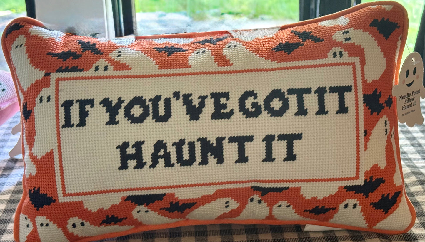 New 9x15 orange and white Halloween needle point hook throw pillow decor IF YOU’VE GOT IT HAUNT IT