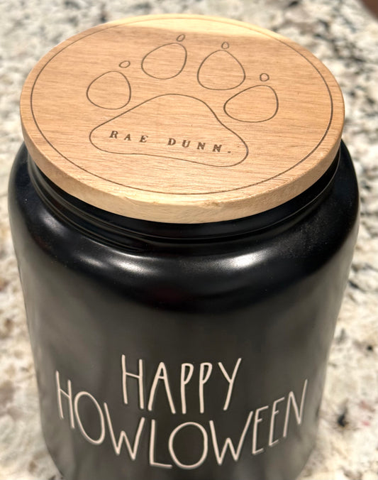 New Rae Dunn black ceramic Halloween decor HAPPY HOWLOWEEN storage canister