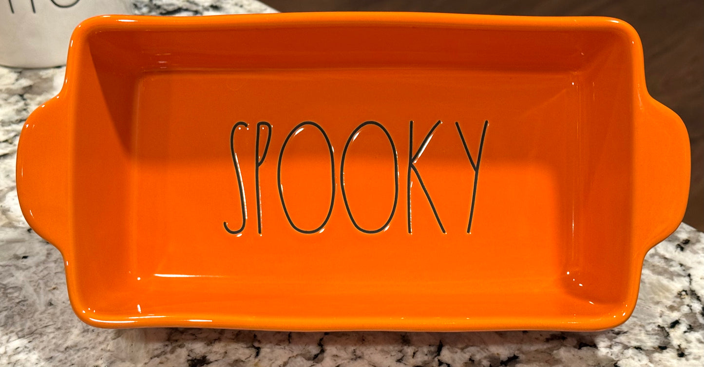 New Rae Dunn orange ceramic 10x5 Halloween SPOOKY baking dish pan