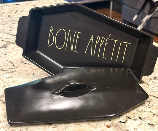 New Rae Dunn black ceramic coffin Halloween baking dish BONE APPETITE