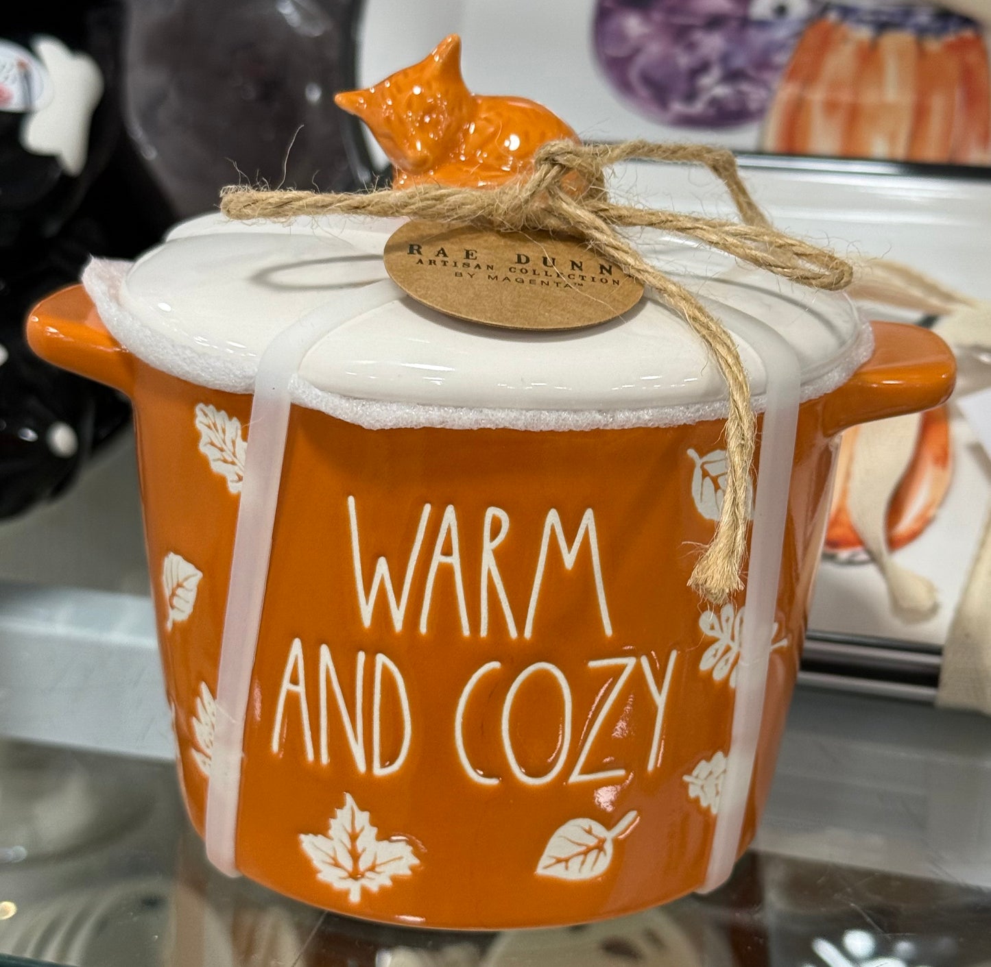 New Rae Dunn fall orange ceramic baking dish with leaf print WARM AND COZY