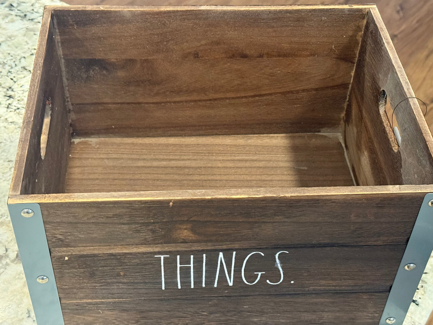 Rae Dunn brown wood storage box with metal trim THINGS 14x11x8