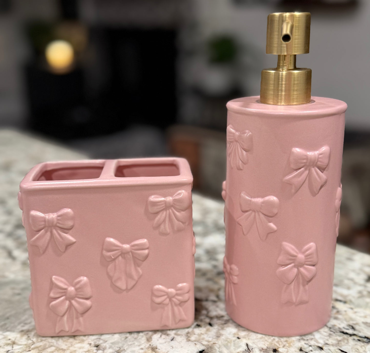 New pink ceramic coquette soap dispenser & brushes holder