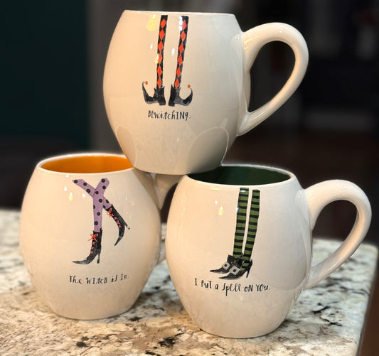 New Rae Dunn ceramic Halloween 3-piece ceramic  Witches Legs Collection coffee mug lot