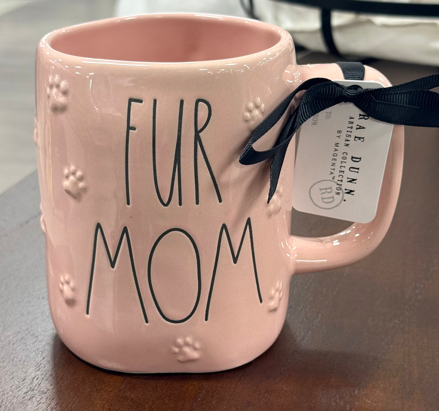 New Rae Dunn pink paw print ceramic coffee mug FUR MOM