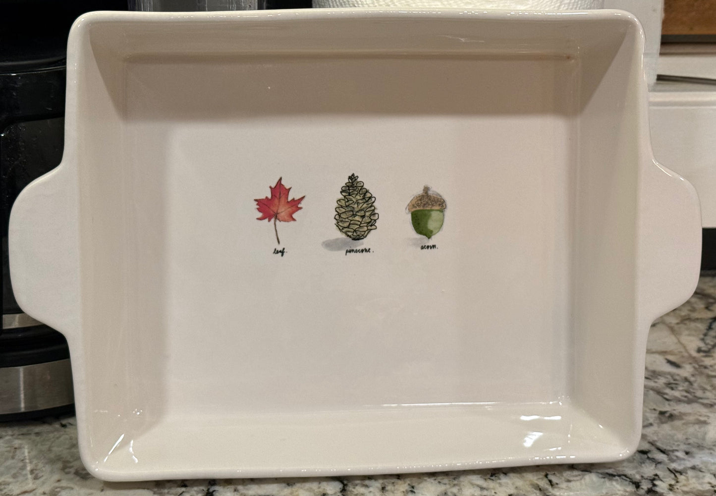 Rae Dunn white ceramic fall acorn print baking dish pan 10x10