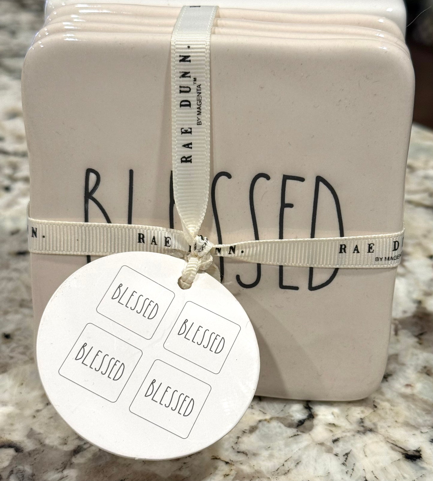 New Rae Dunn white ceramic 4-piece BLESSED coaster set