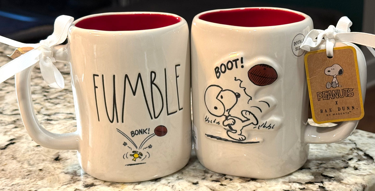 New Rae Dunn x Peanuts Snooy ceramic Football coffee mug decor FUMBLE