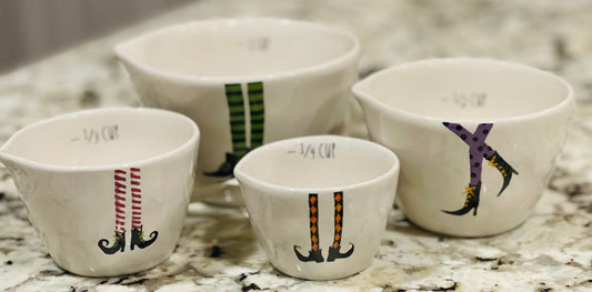 Rae Dunn white ceramic Halloween witches feet measuring cup set