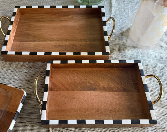 New Made In India wood & courtly check/striped serving tray set with gold handles