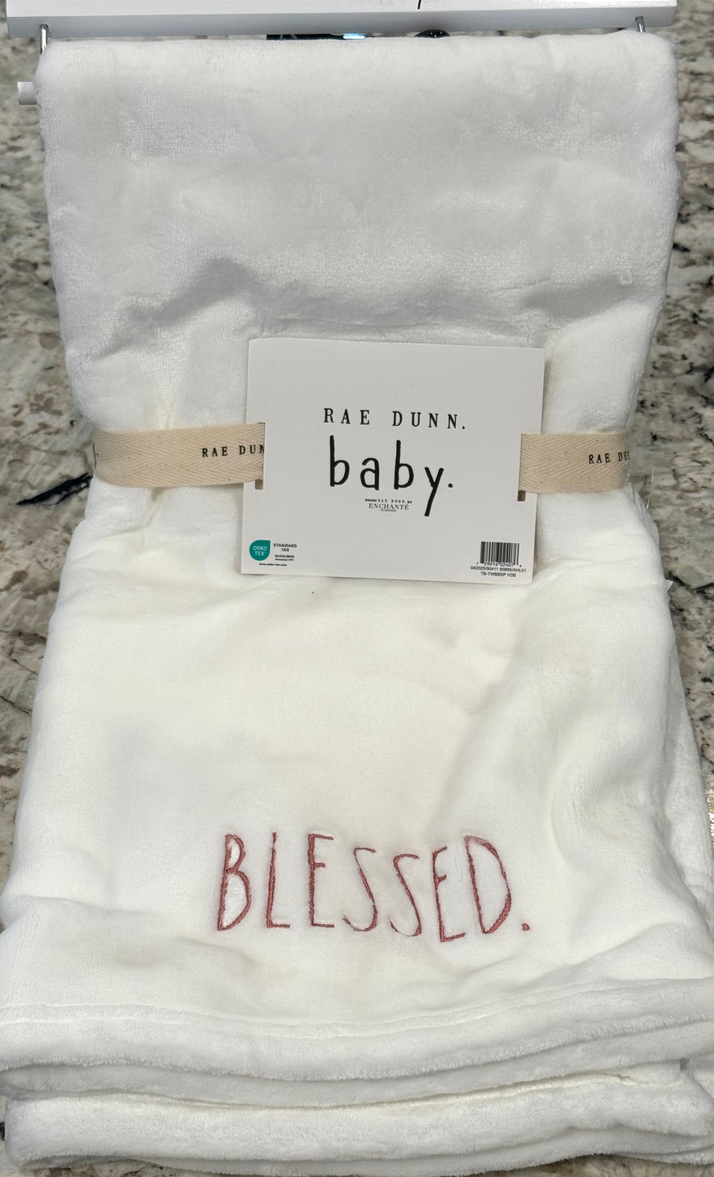 New Rae Dunn white baby throw blanket BLESSED - pink