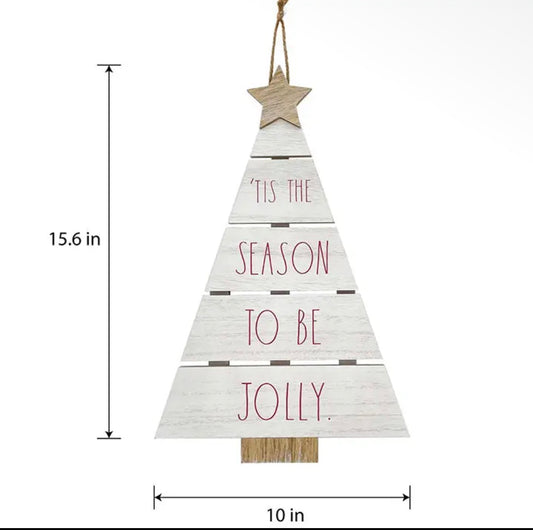 New Rae Dunn white wood tree sign Christmas decor TIS THE SEASON TO BE JOLLY