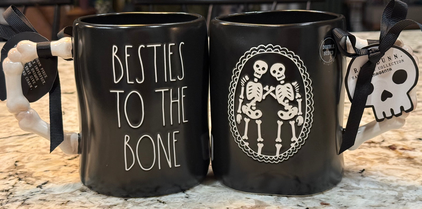 New Rae Dunn black ceramic Halloween coffee mug BESTIES TO THE BONE