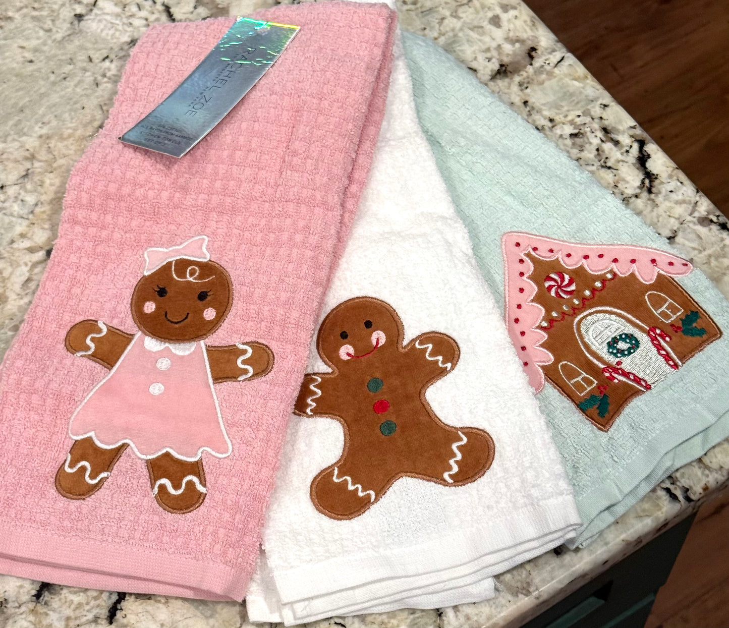 New Rachel Zoe pastel gingerbread 3-piece Christmas dish towel set