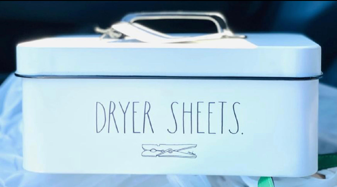 New Rae Dunn white metal DRYER SHEETS container/storage bin