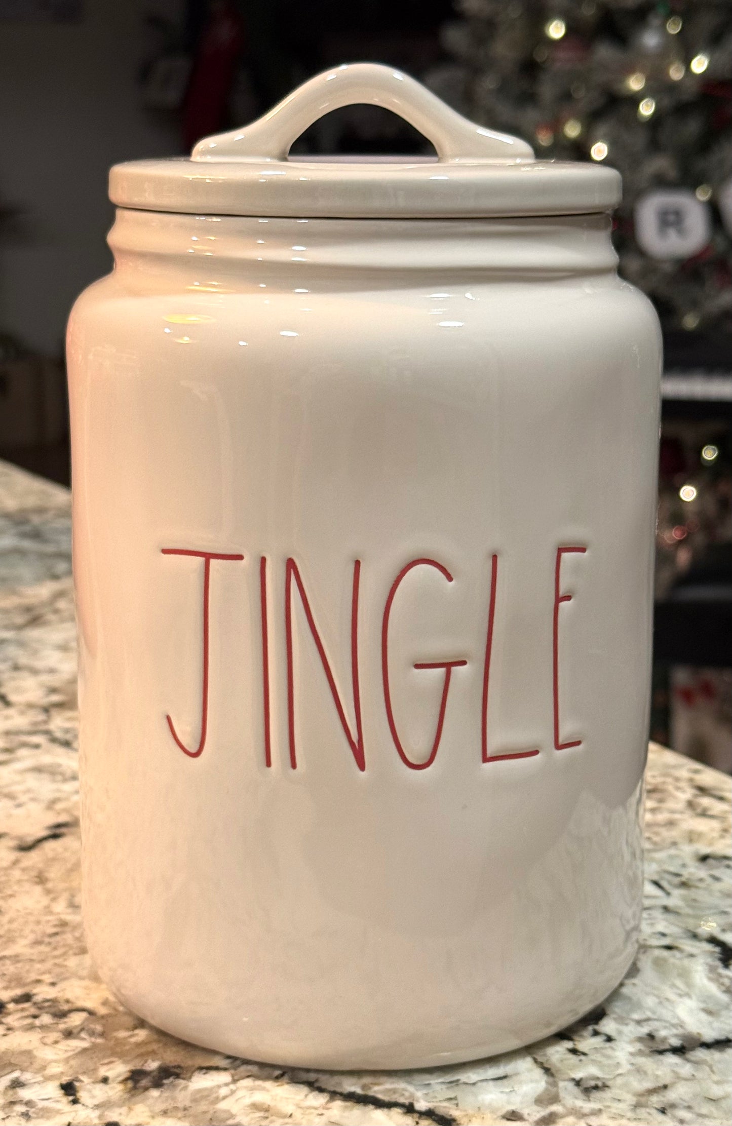 New Rae Dunn white ceramic JINGLE Christmas canister 9”