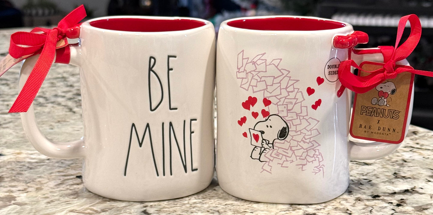 New Rae Dunn x Peanuts Snoopy Valentines coffee mug BE MINE envelopes