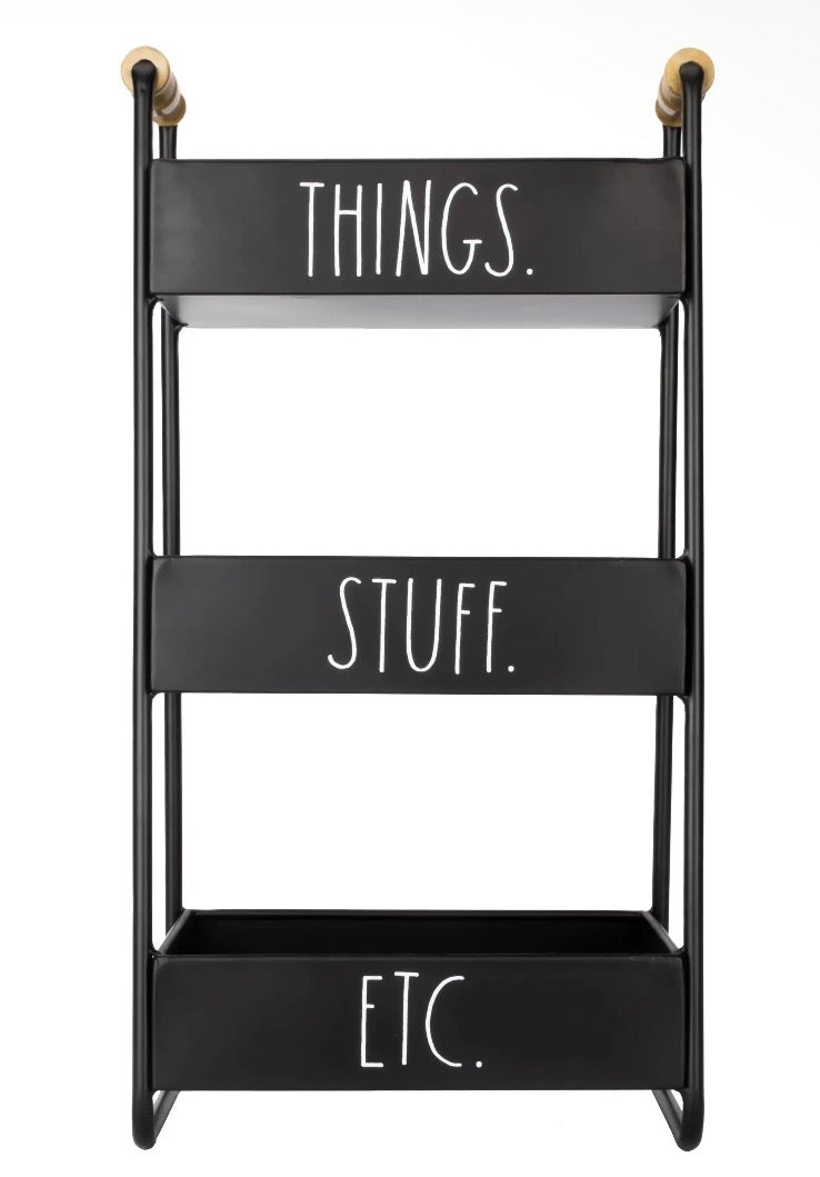 New Rae Dunn “Things – Stuff – Etc.” black Metal 3-Tier Tabletop Caddy 17”