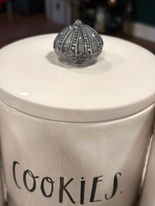 Rae Dunn white ceramic script canister set COOKIES with crown top 8”, FLOUR 8.5”, SUGAR 7.5” rare set