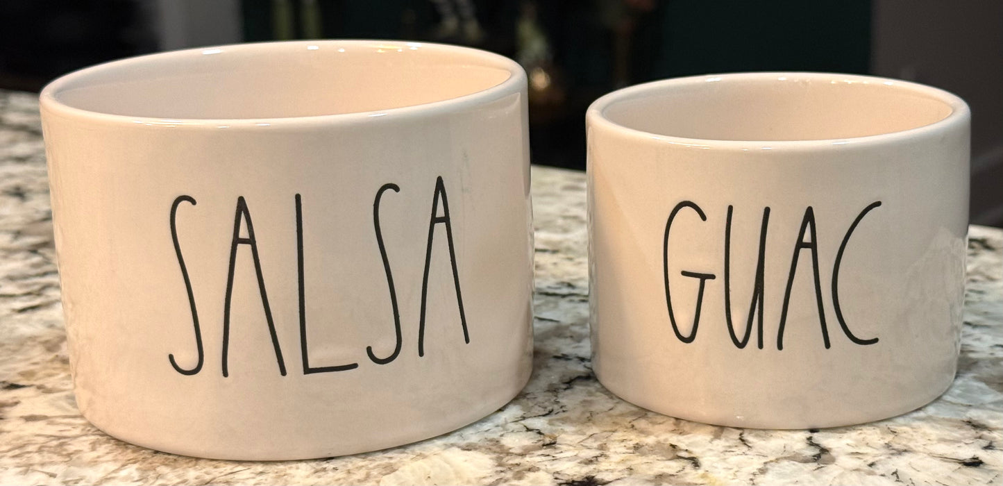 New Rae Dunn white ceramic 2-piece SALSA & GUAC bowl set