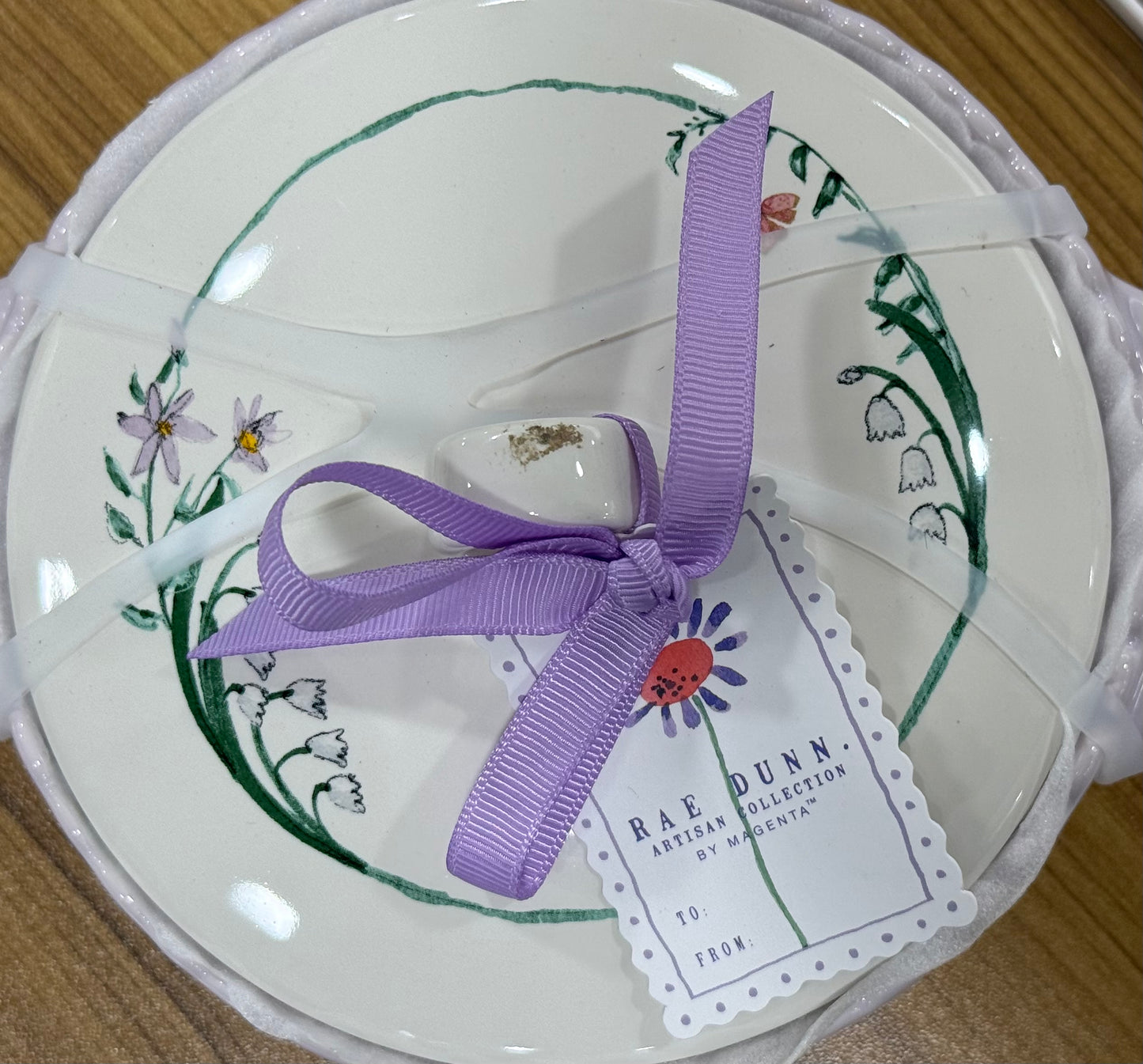 New Rae Dunn purple & white floral ceramic covered baking dish MADE WITH LOVE