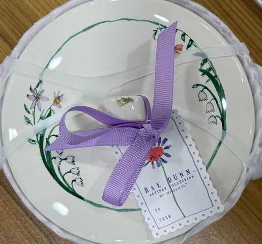 New Rae Dunn purple & white floral ceramic covered baking dish MADE WITH LOVE