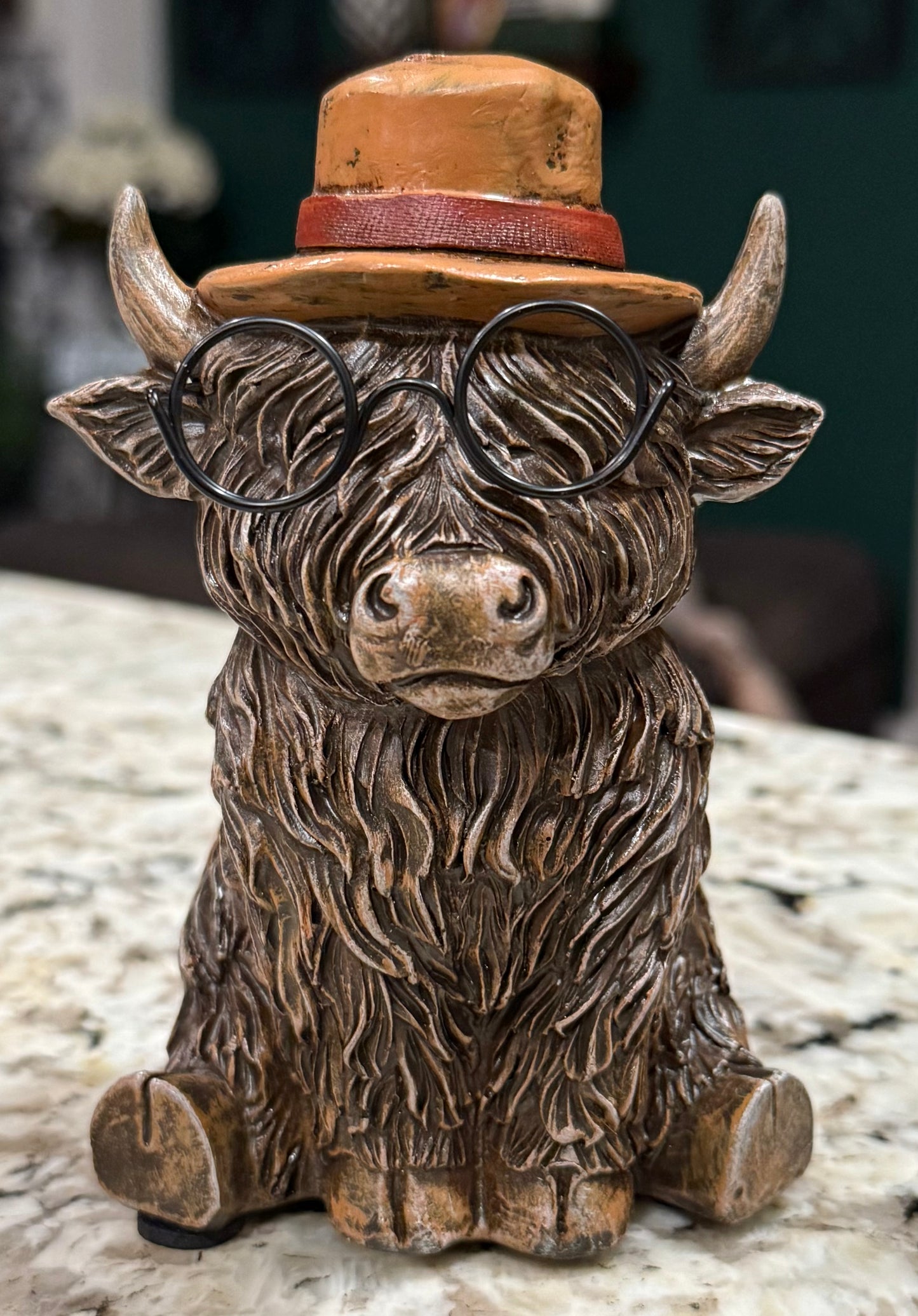 New resin brown Highland Cow with glasses 5”
