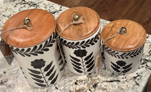 New Made in India brown floral wood lid canister set 9, 7, 5” tall