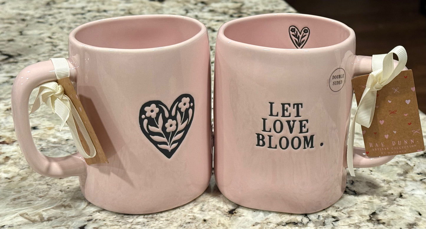 New Rae Dunn pink ceramic coffee mug LET LOVE BLOOM.