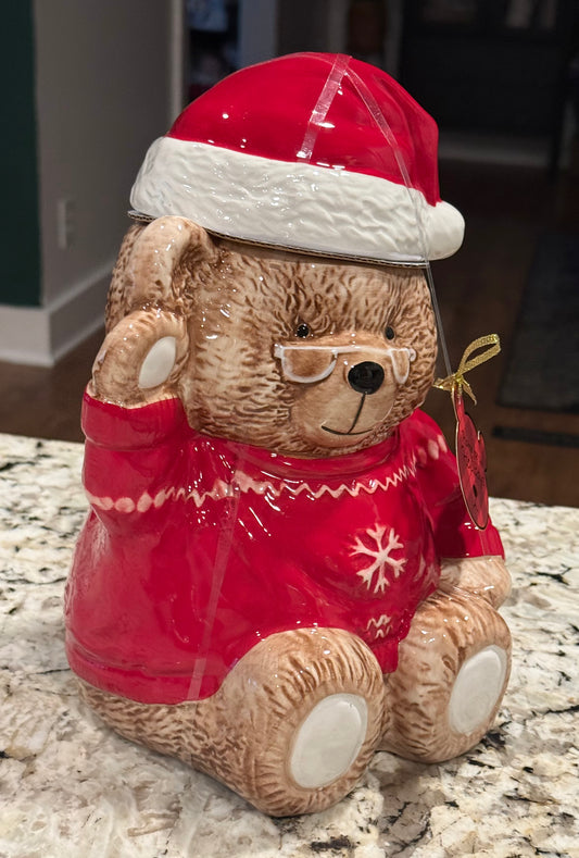 New Home for the Holidays ceramic Christmas teddy bear in snowflake pajamas with glasses cookie jar