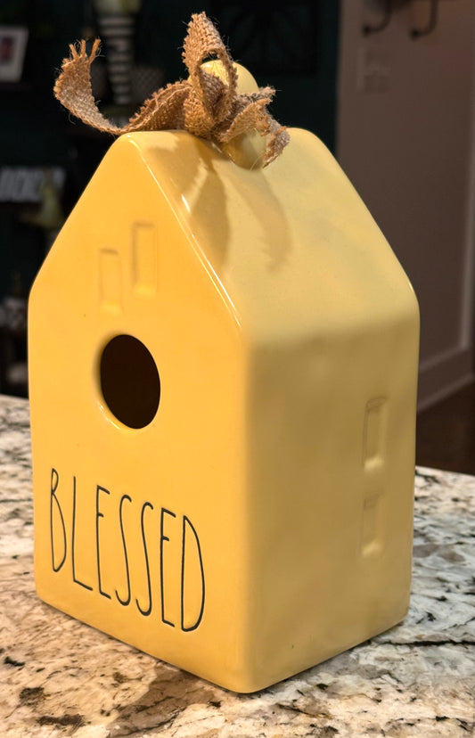 Rae Dunn yellow ceramic BLESSED house birdhouse decor