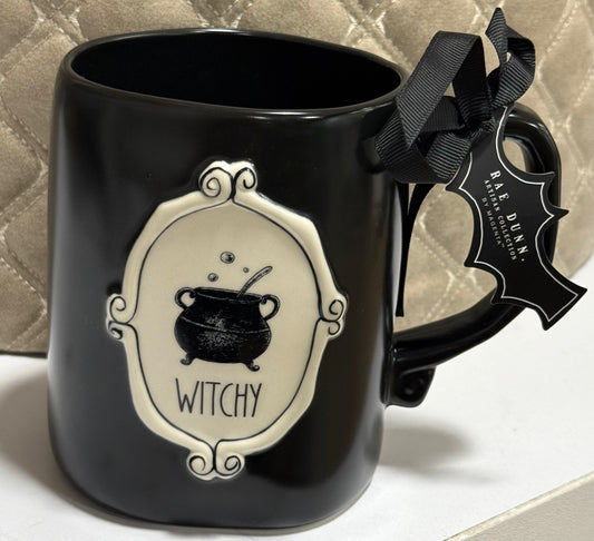 New Rae Dunn matte black ceramic Halloween coffee mug WITCHY