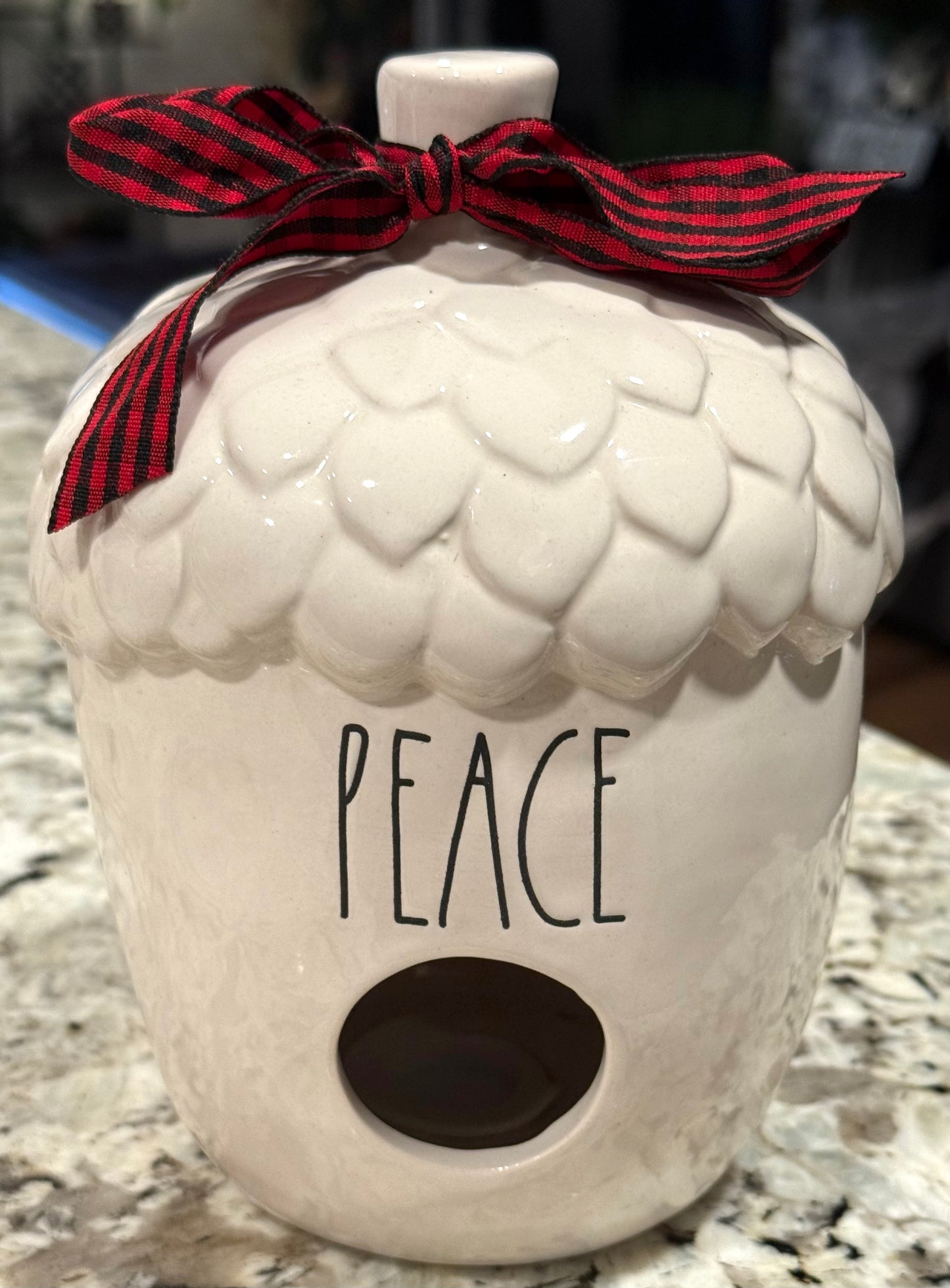 New Rae Dunn white ceramic acorn style birdhouse PEACE