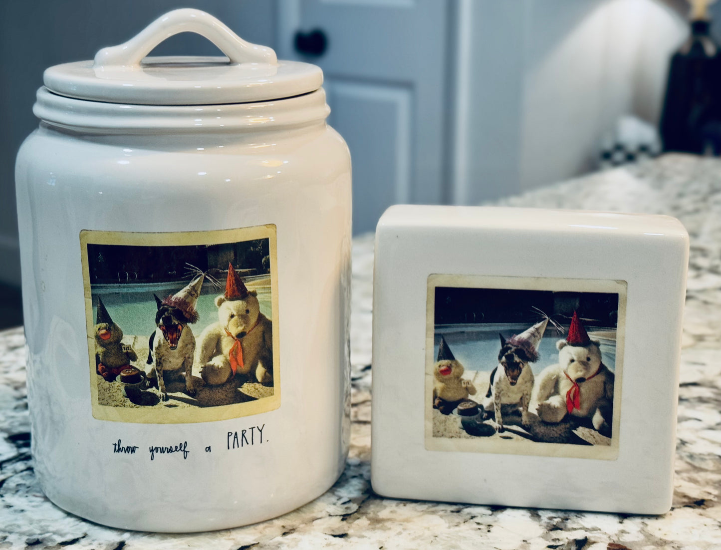 Rae Dunn rare HER DOGS! Ceramic canister 8.25” LIFE OF THE PARTY & block