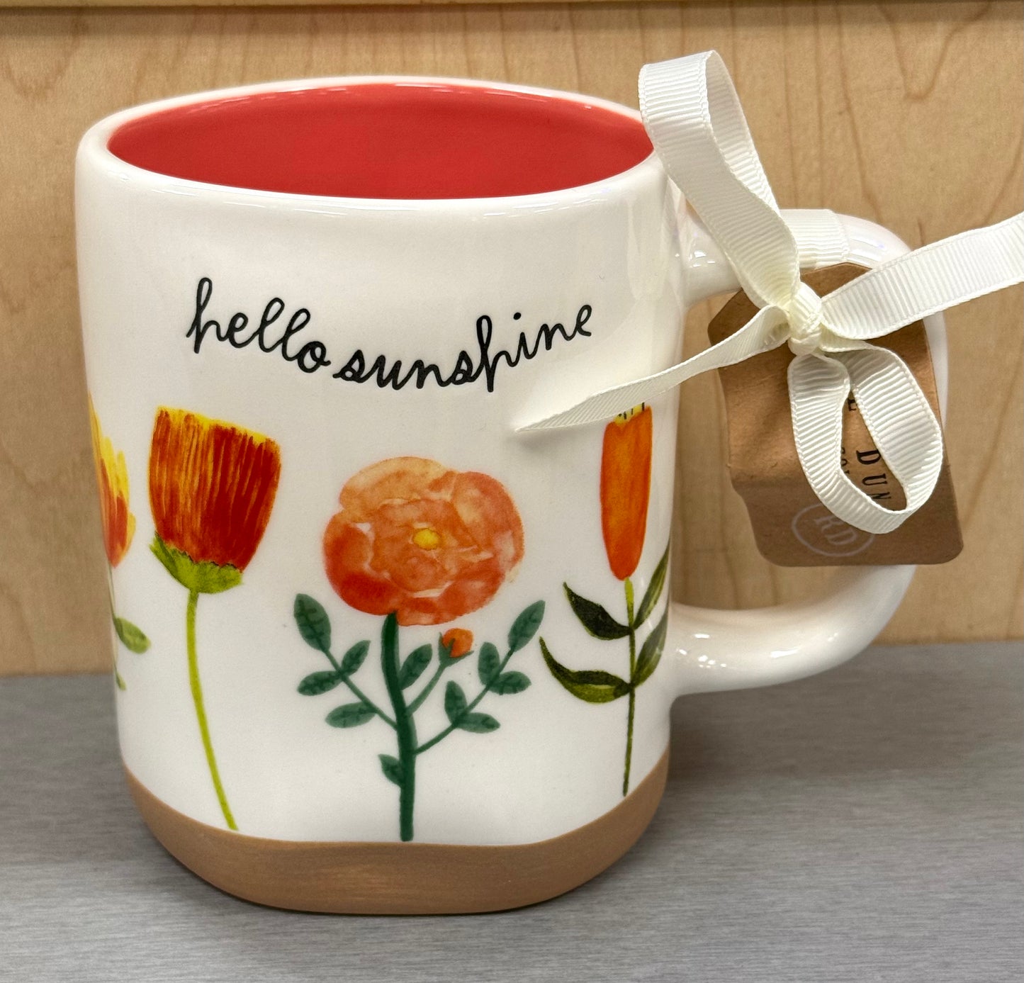 New Rae Dunn white floral ceramic coffee mug HELLO SUNSHINE