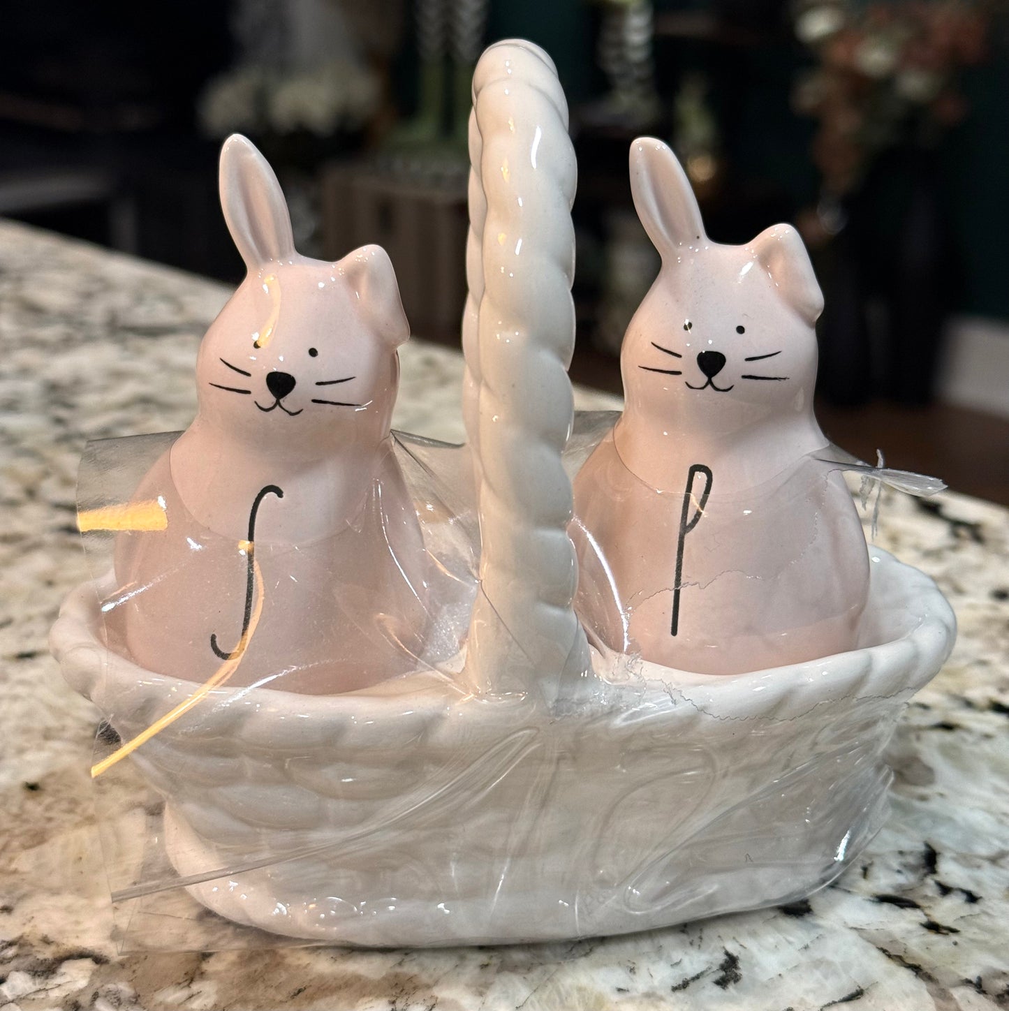New Rae Dunn pink and white ceramic Easter bunny and basket salt & pepper shaker set