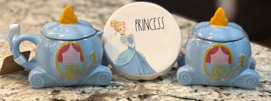 New Rae Dunn x Disney’s Cinderella 3-piece ceramic gift set cream/sugar carriage containers and cupcake stand